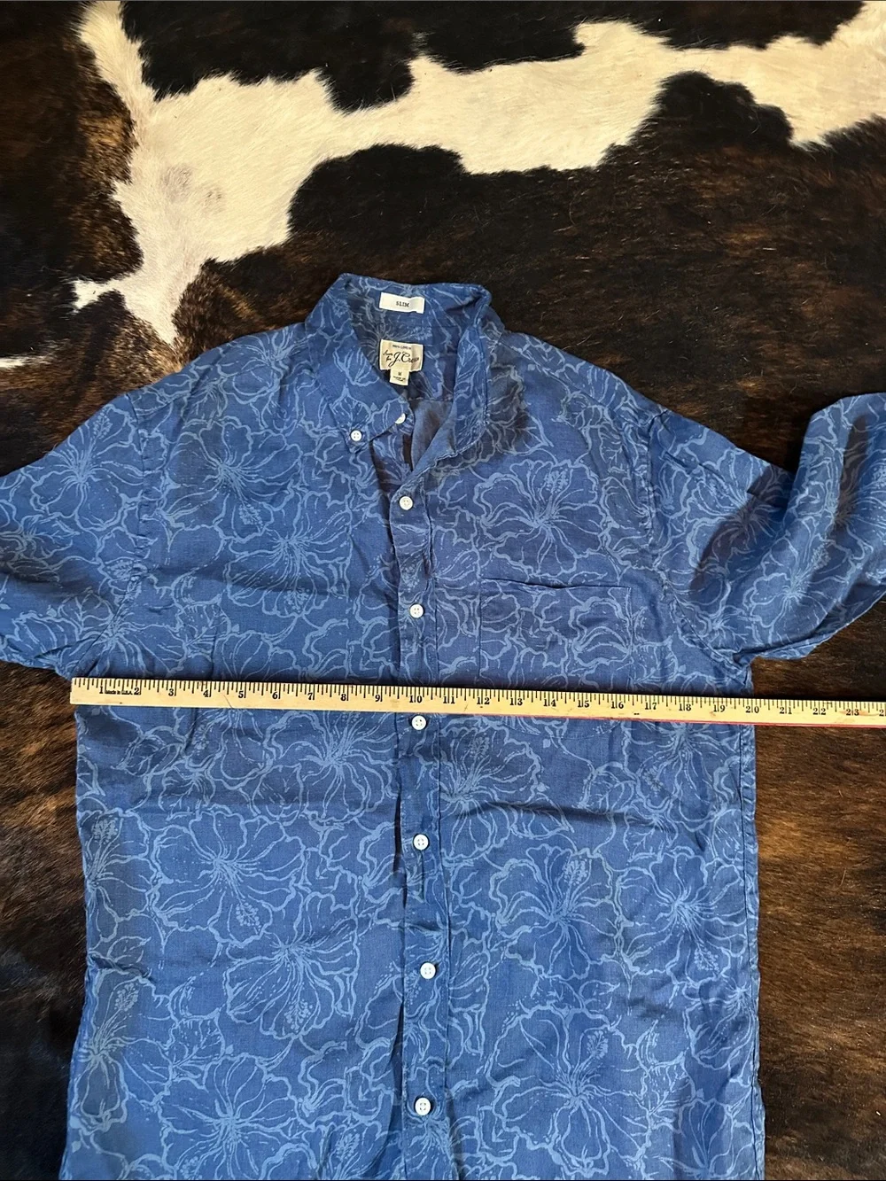 J. Crew Linen Button Up Long Sleeve Shirt, Blue Tropical Floral Men's M Slim Fit